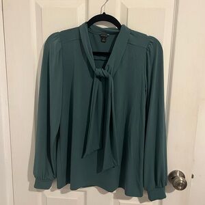 Ann Taylor Green Blouse with Tie Front and Long Sleeves